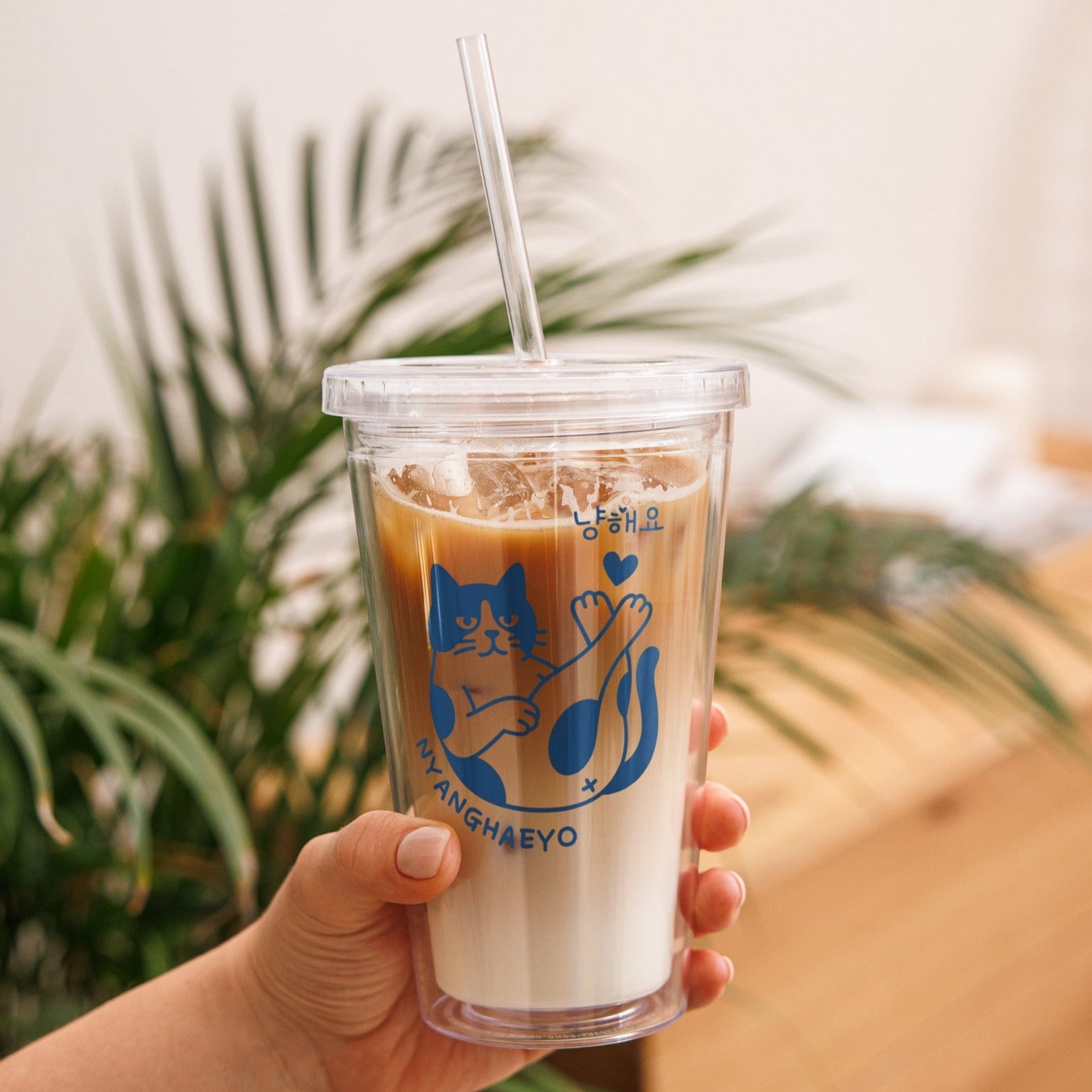 Gobelet en Plastique Transparent Chat Bleu avec Paille – Image 3