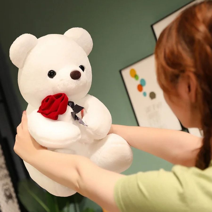 Ours en Peluche Doux avec Rose Rouge et Ruban – Image 9