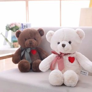 Ours en Peluche Douce avec Cœur Rouge et Nœud à Carreaux
