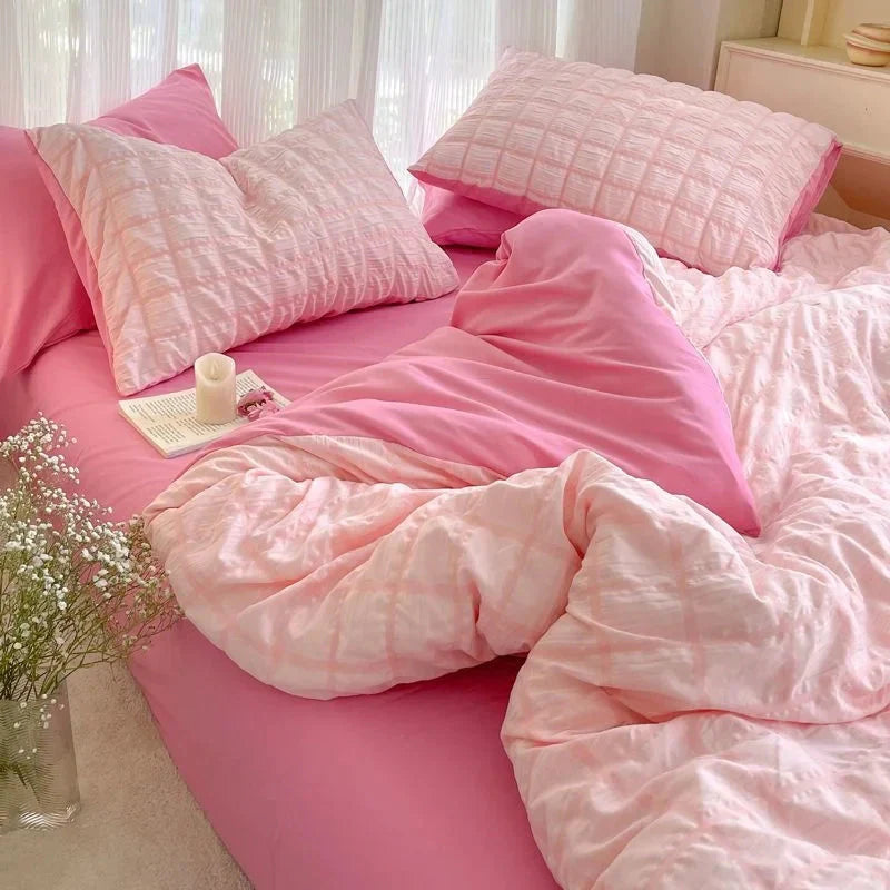 Parure de couette seersucker coréenne style INS couleurs pastel - Câlin Kawaii