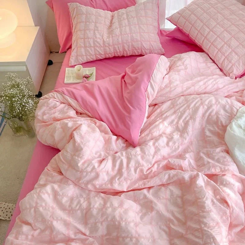 Parure de Lit Rose Bicolore en Coton Texturé – Image 2