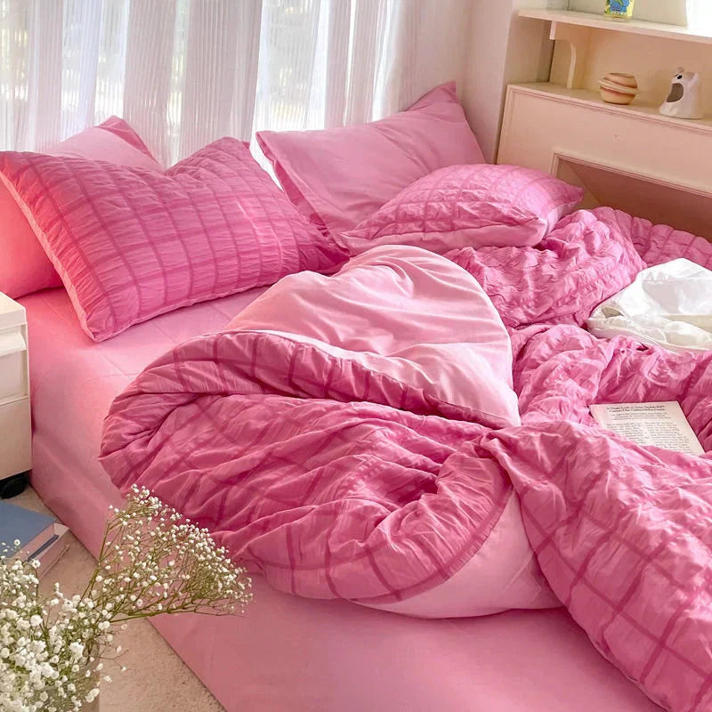 Parure de Lit Rose Bicolore en Coton Texturé – Image 3