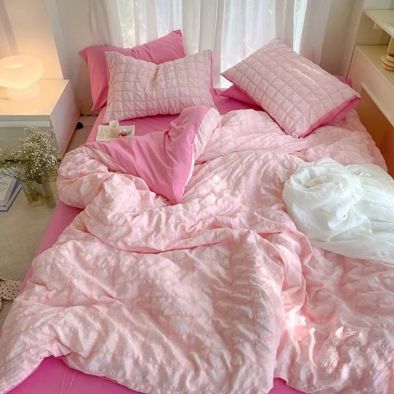Parure de Lit Rose Bicolore en Coton Texturé – Image 4