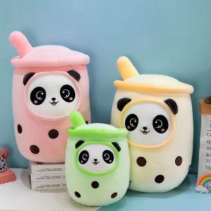 Peluche Bubble Tea Rose avec Panda et Billes Boba