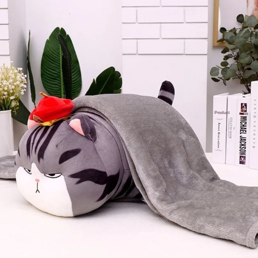 Coussin en Peluche Chat Boudeur à Chapeau et Couverture – Image 4