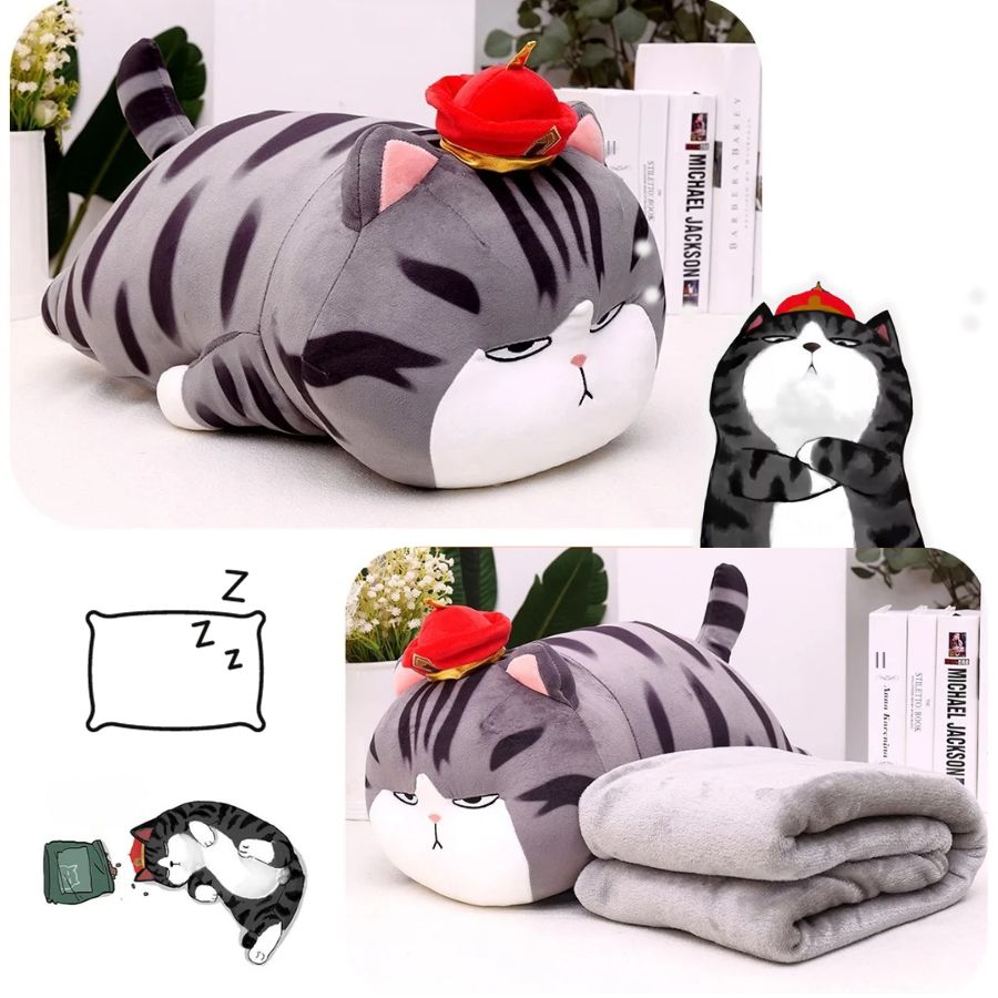 Coussin en Peluche Chat Boudeur à Chapeau et Couverture – Image 6