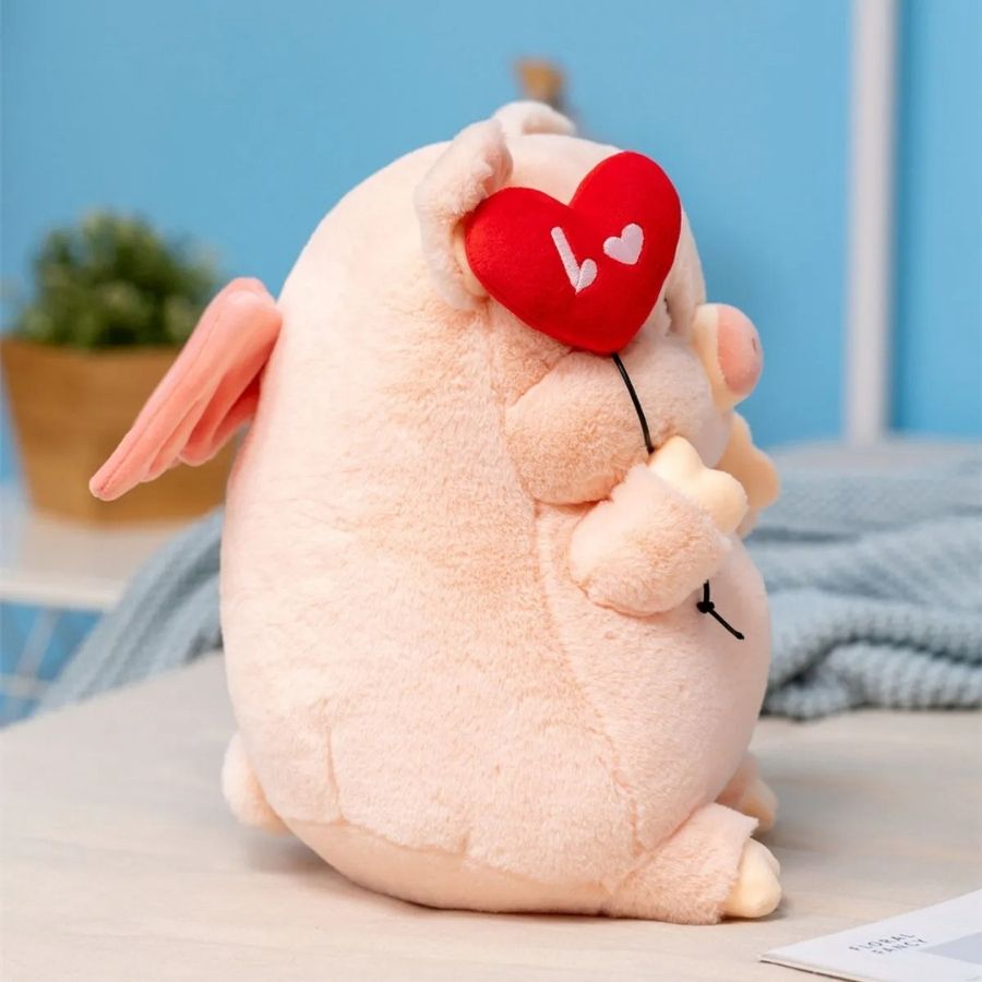Peluche de Cochon Rose Pâle avec Ballon Cœur Rouge – Image 3