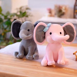 Peluche d'Éléphant Mignon Rose à Nœud Bleu