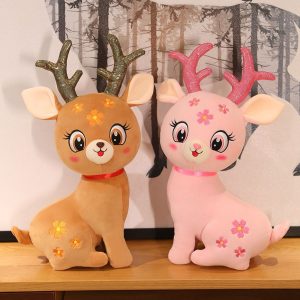 Peluche Cerf Rose Pâle à Fleurs et Bois Pailletés