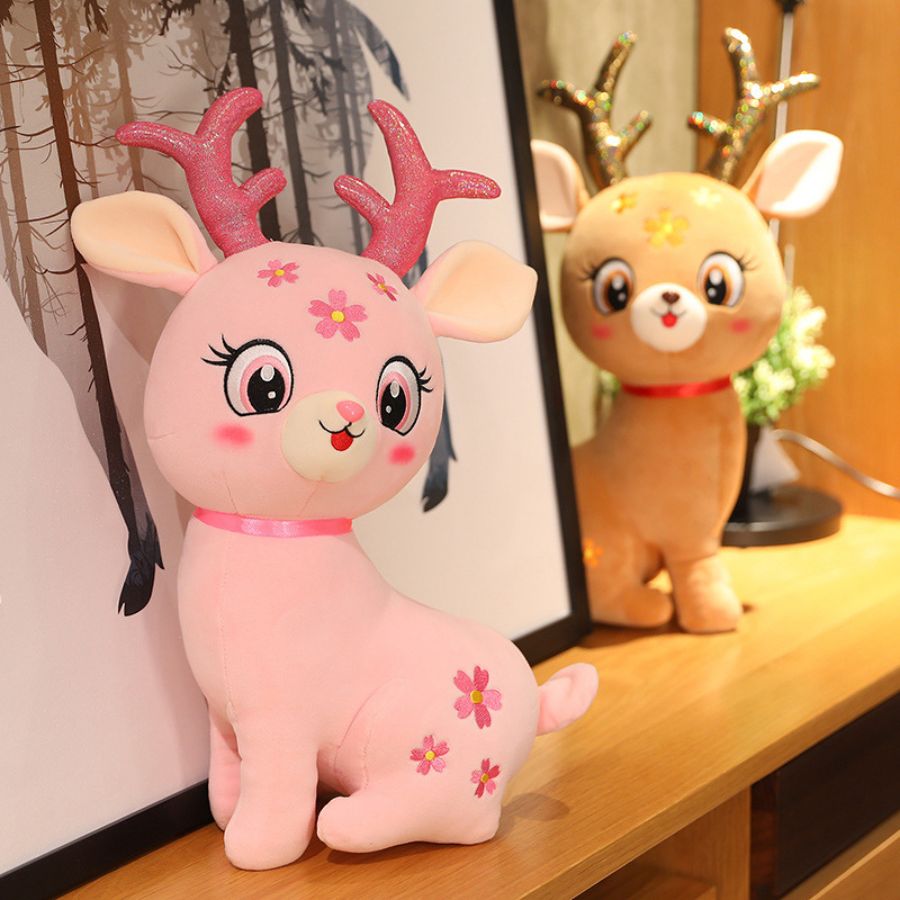 Peluche Cerf Rose Pâle à Fleurs et Bois Pailletés – Image 4