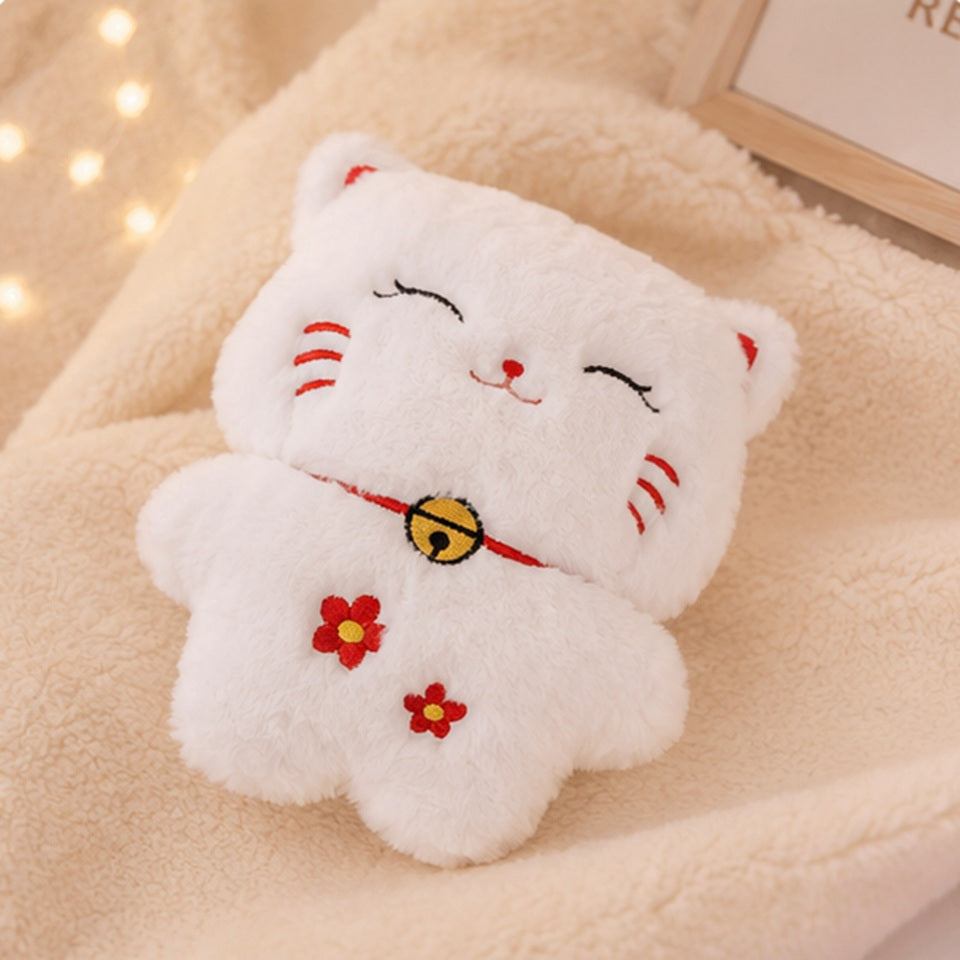 Bouillotte en Peluche Chat Blanc Souriant à Fleurs Rouges – Image 3