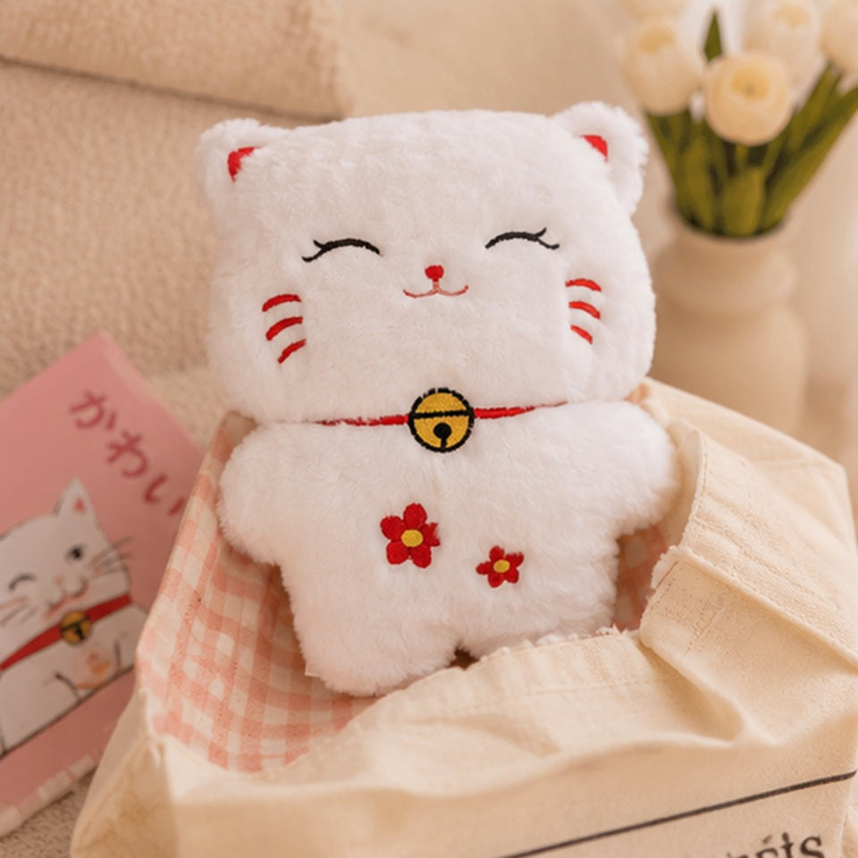 Bouillotte en Peluche Chat Blanc Souriant à Fleurs Rouges – Image 2