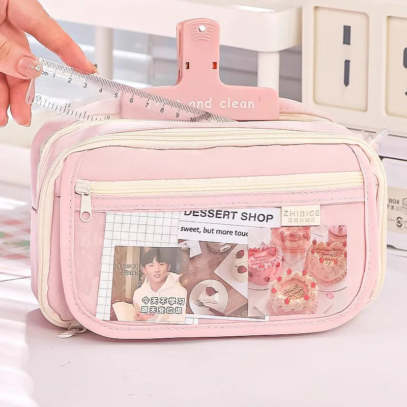 Grande Trousse Rose Pâle à Fenêtre et Double Zip – Image 4