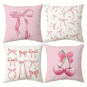 Housses de Coussin Roses à Motifs Nœuds et Cerises