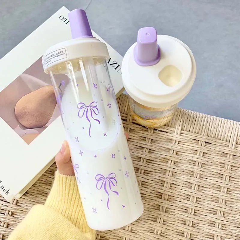 Gourde Kawaii avec Paille Intégrée Nœuds Lavande – Image 2