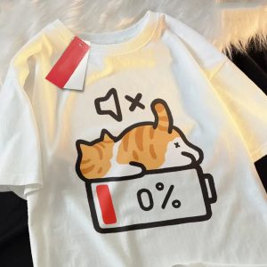T-Shirt Blanc à Imprimé Chat Endormi et Batterie 0%