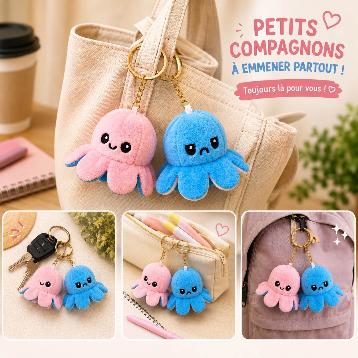 Porte-clés Peluche Octopus Bleu Réversible – Image 3