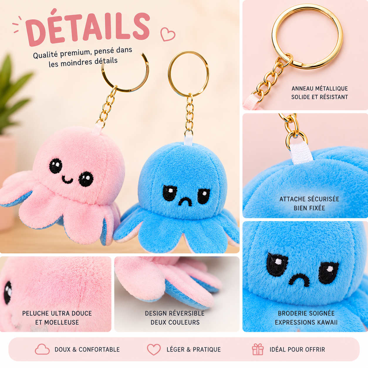 Porte-clés Peluche Octopus Bleu Réversible – Image 2
