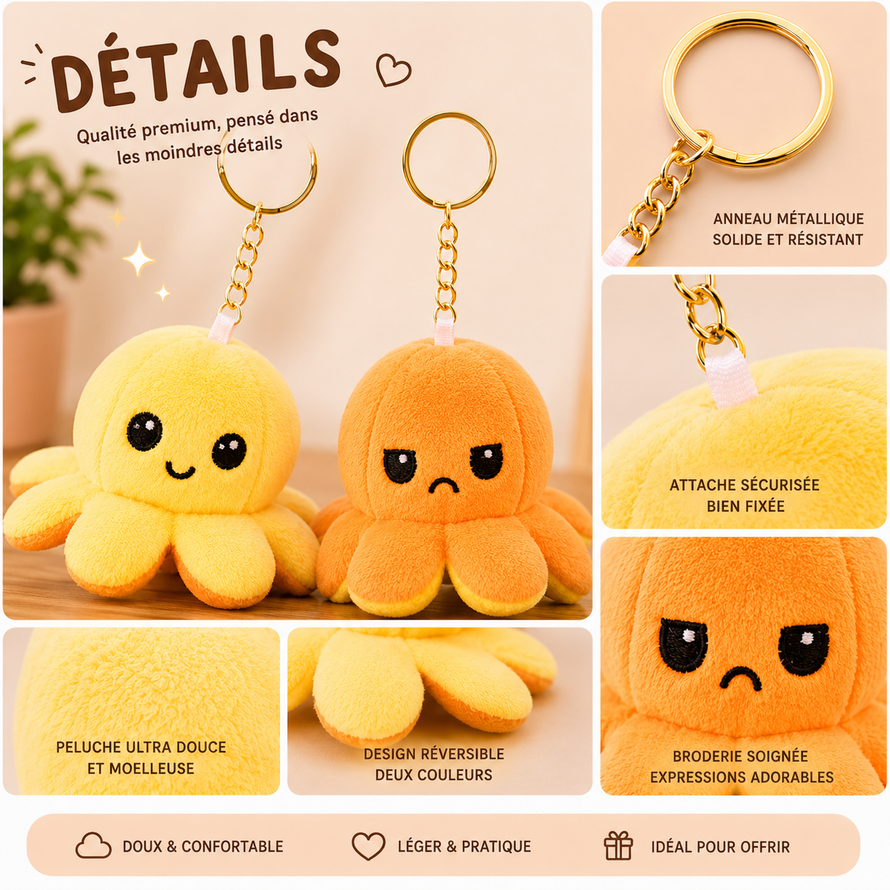 Porte-Clés Peluche Octopus Jaune Réversible – Image 2