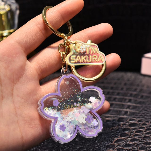 Porte-clés Sakura fleur de cerisier à sable mouvant liquide - Câlin Kawaii