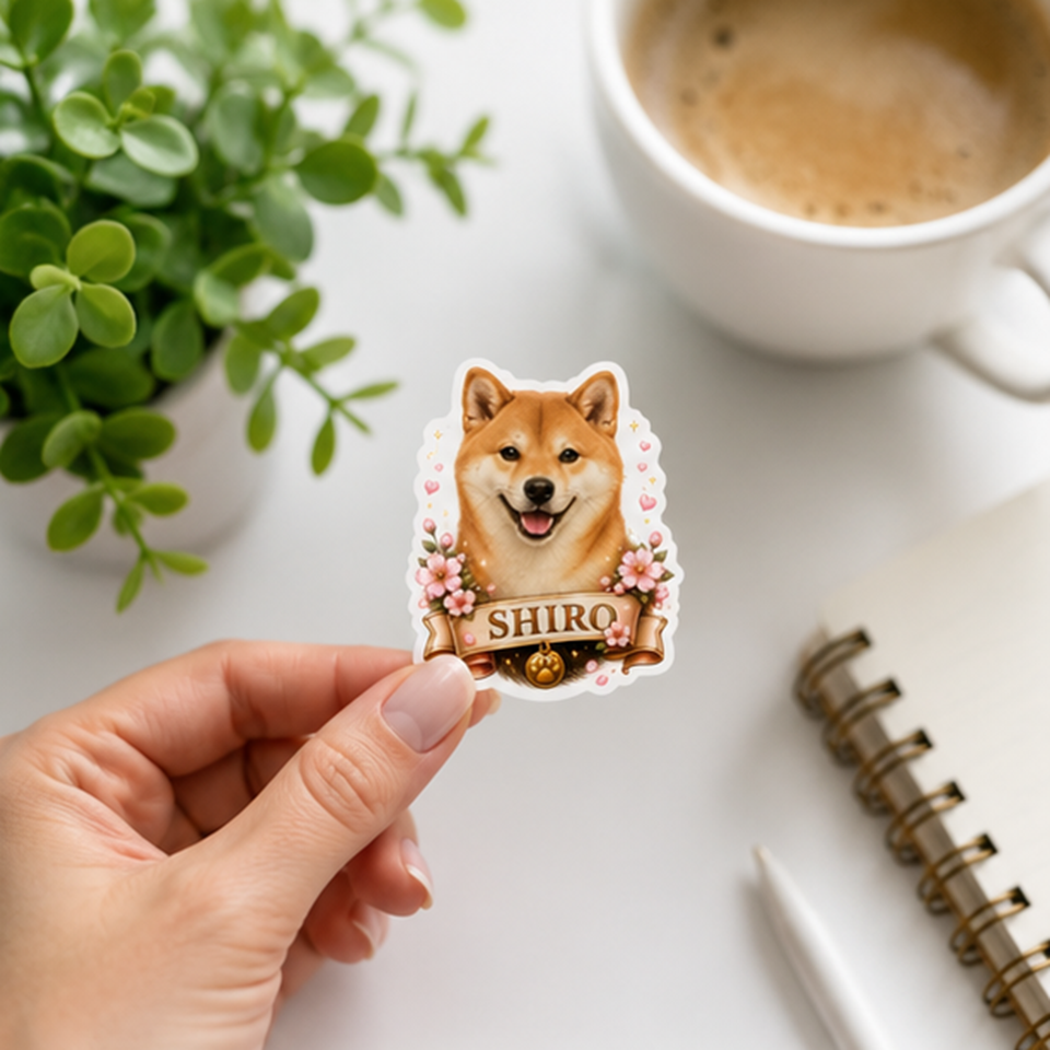 Autocollant de Chien Shiba Inu 'Shiro' et Fleurs Roses – Image 3
