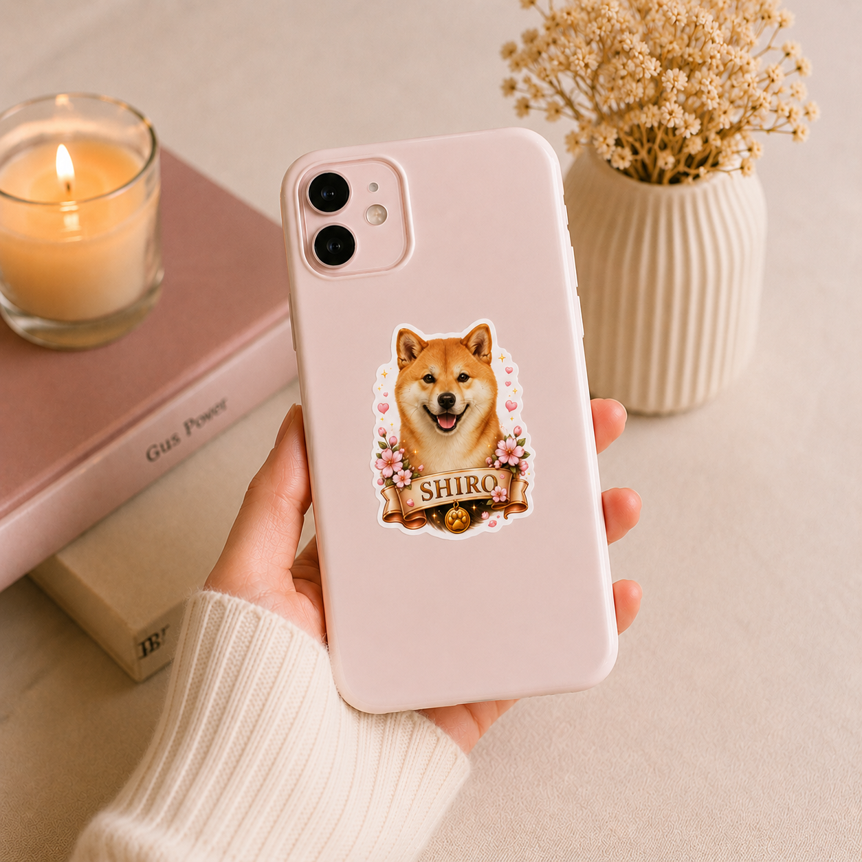 Autocollant de Chien Shiba Inu 'Shiro' et Fleurs Roses – Image 2