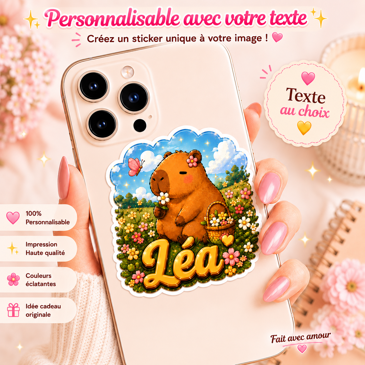Autocollant Capybara Fleuri au Nom Camille – Image 4