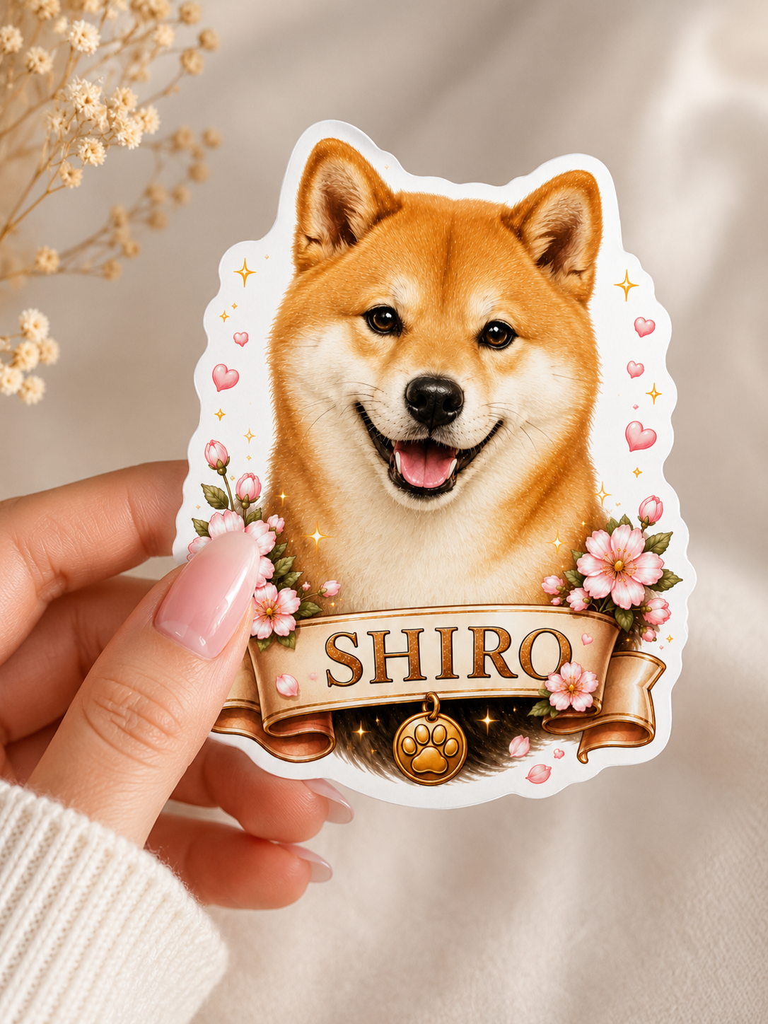 Autocollant de Chien Shiba Inu 'Shiro' et Fleurs Roses – Image 5