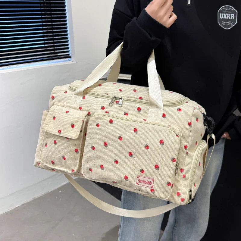 Sac Duffle en Velours Côtelé Écru à Fraises – Image 11