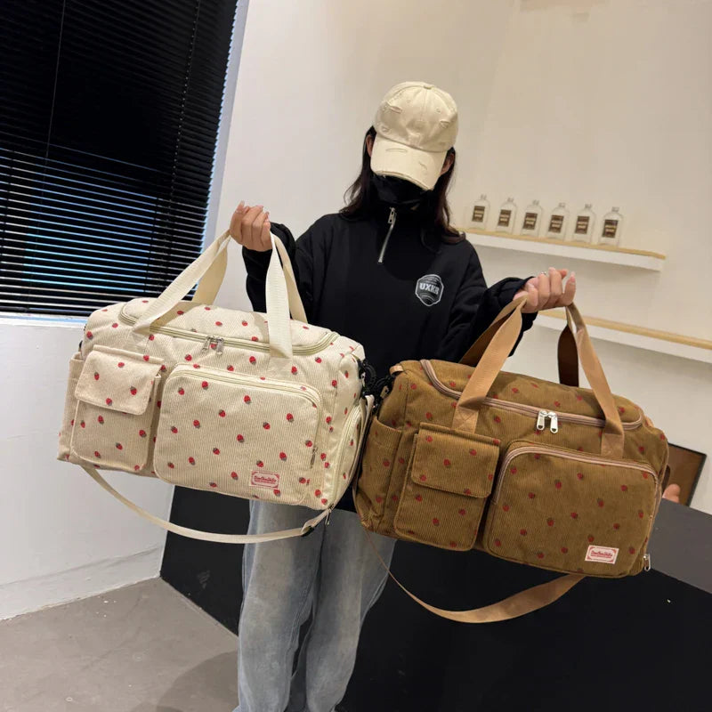 Sac Duffle en Velours Côtelé Écru à Fraises – Image 13