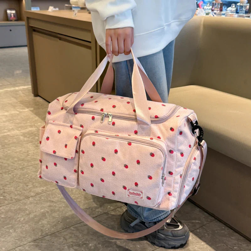 Sac Duffle en Velours Côtelé Écru à Fraises – Image 21