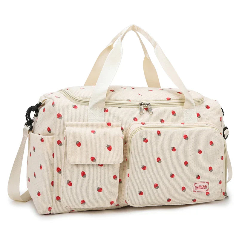 Sac Duffle en Velours Côtelé Écru à Fraises – Image 24