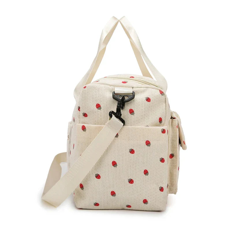 Sac Duffle en Velours Côtelé Écru à Fraises – Image 25