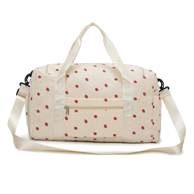 Sac Duffle en Velours Côtelé Écru à Fraises – Image 26