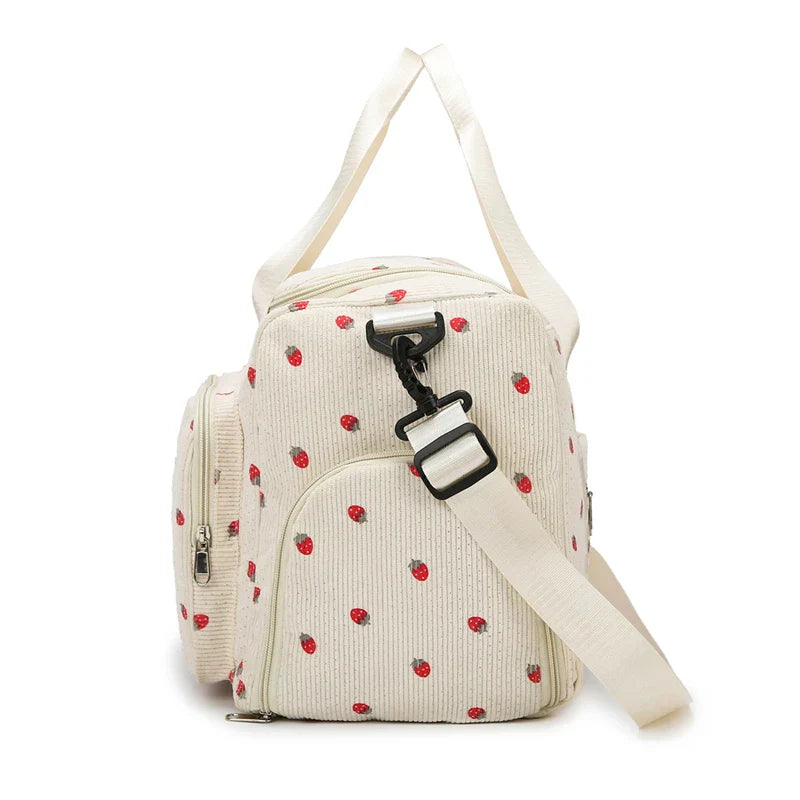 Sac Duffle en Velours Côtelé Écru à Fraises – Image 27