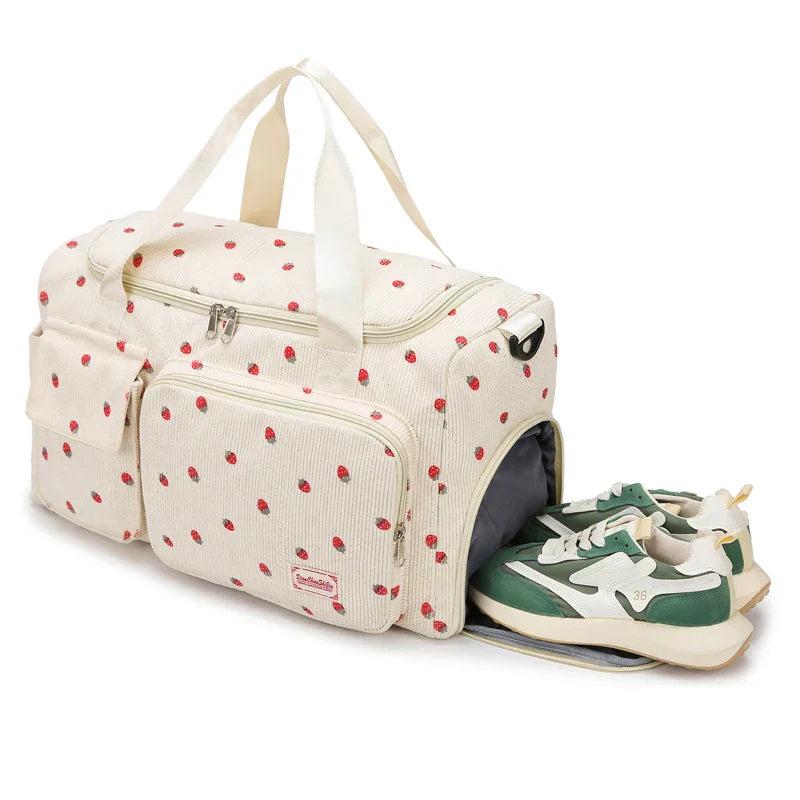 Sac Duffle en Velours Côtelé Écru à Fraises – Image 29