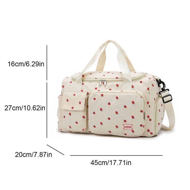 Sac Duffle en Velours Côtelé Écru à Fraises – Image 3