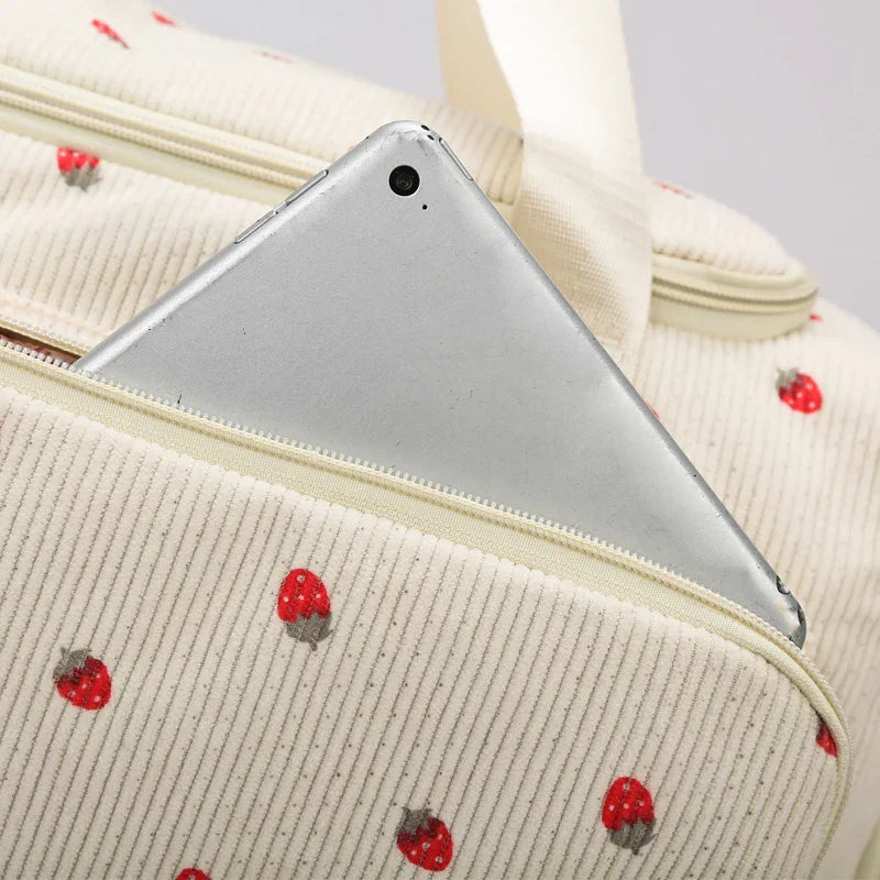 Sac Duffle en Velours Côtelé Écru à Fraises – Image 36