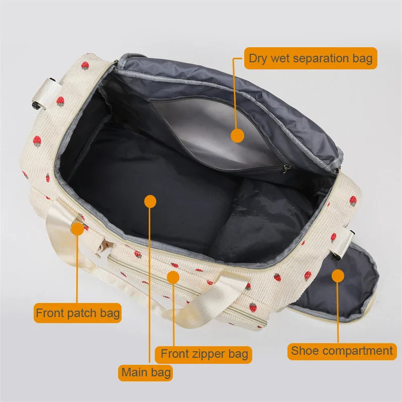 Sac Duffle en Velours Côtelé Écru à Fraises – Image 5