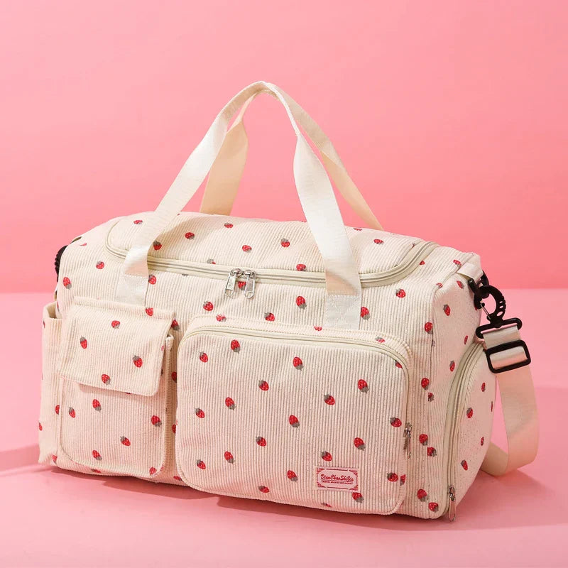Sac Duffle en Velours Côtelé Écru à Fraises – Image 7