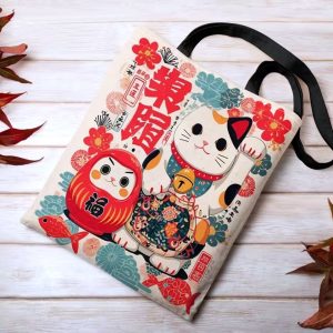Sac Cabas en Toile Crème à Imprimé Maneki-Neko et Daruma