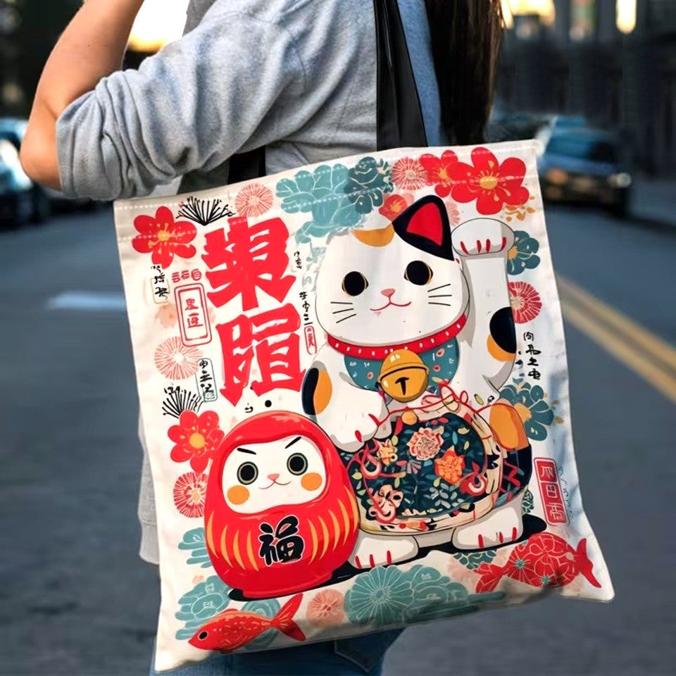 Sac Cabas en Toile Crème à Imprimé Maneki-Neko et Daruma – Image 2
