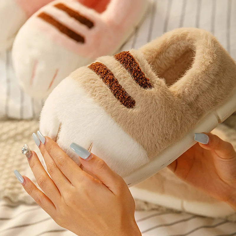 Chaussons en Peluche Patte de Chat Beige Rayés – Image 2