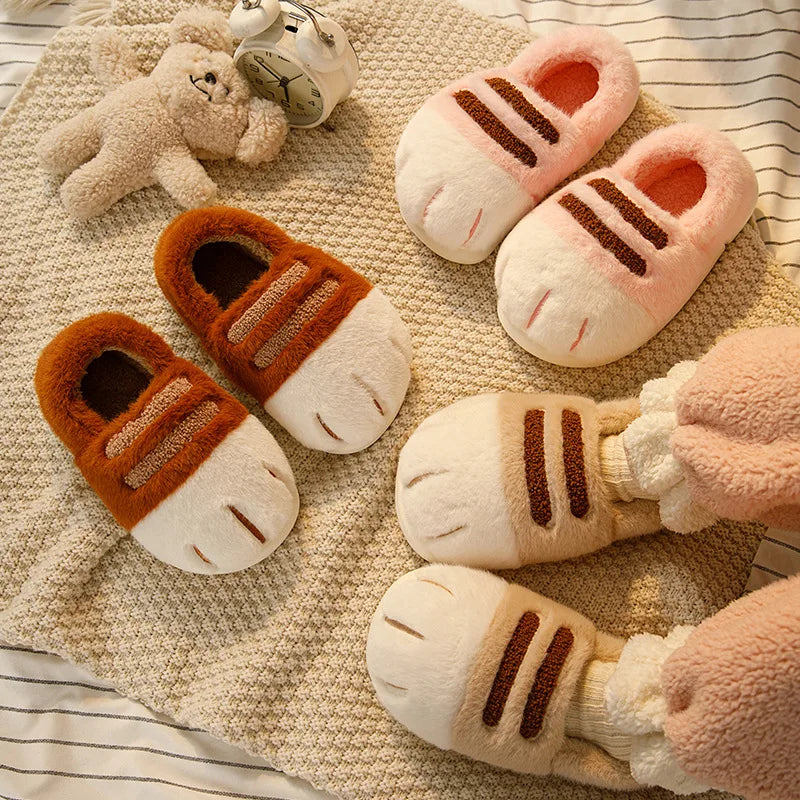 Chaussons en Peluche Patte de Chat Beige Rayés – Image 4
